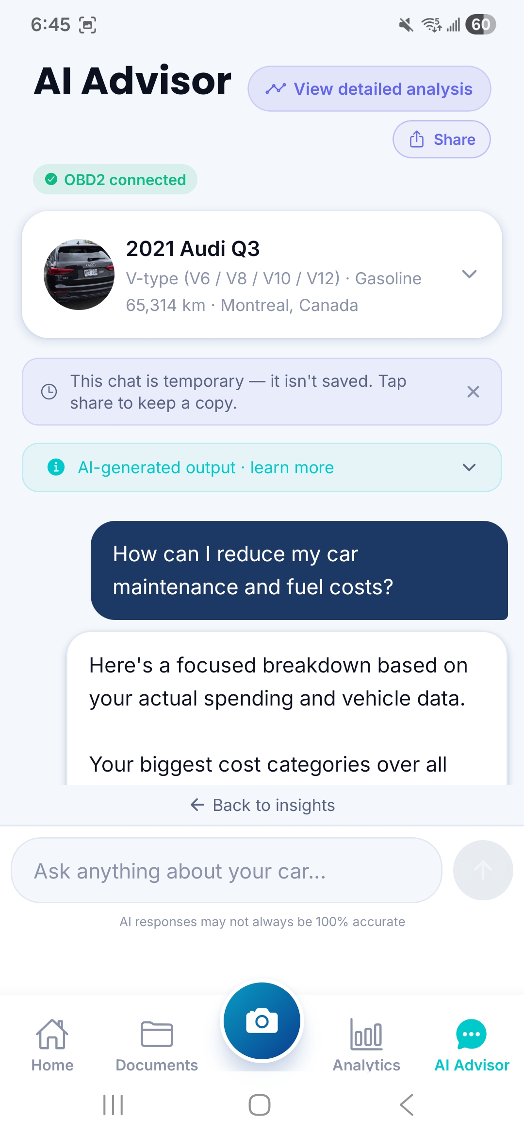 شاشة AI Advisor في CarFai تعرض سؤالاً وإجابة.