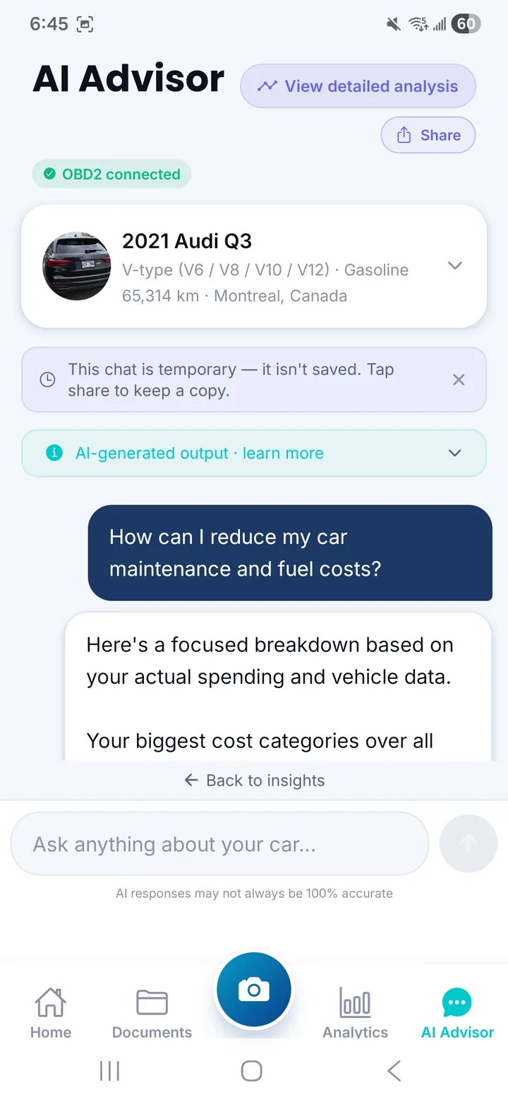CarFai AI Advisor screen showing a question and an answer.