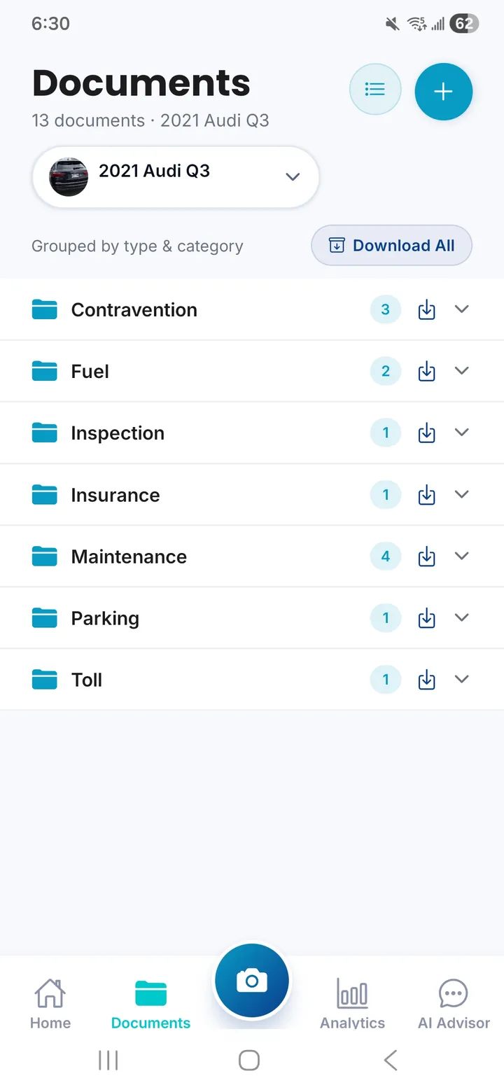 Documents screen grouping receipts into Contravention, Fuel, Insurance, Maintenance, Parking, and Toll folders.