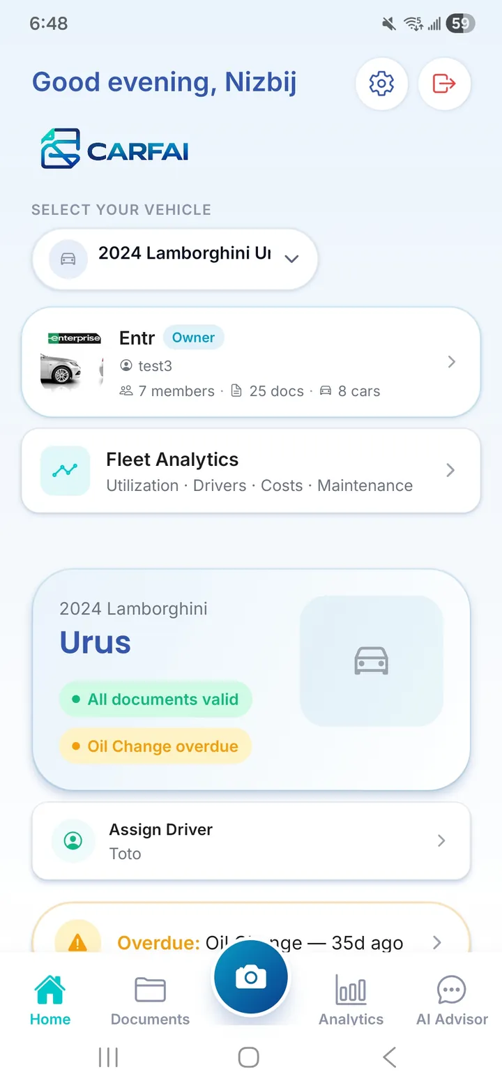 B2B home screen for the Entr organization showing fleet analytics, a 2024 Lamborghini Urus with an oil-change-overdue flag, and driver assignment.