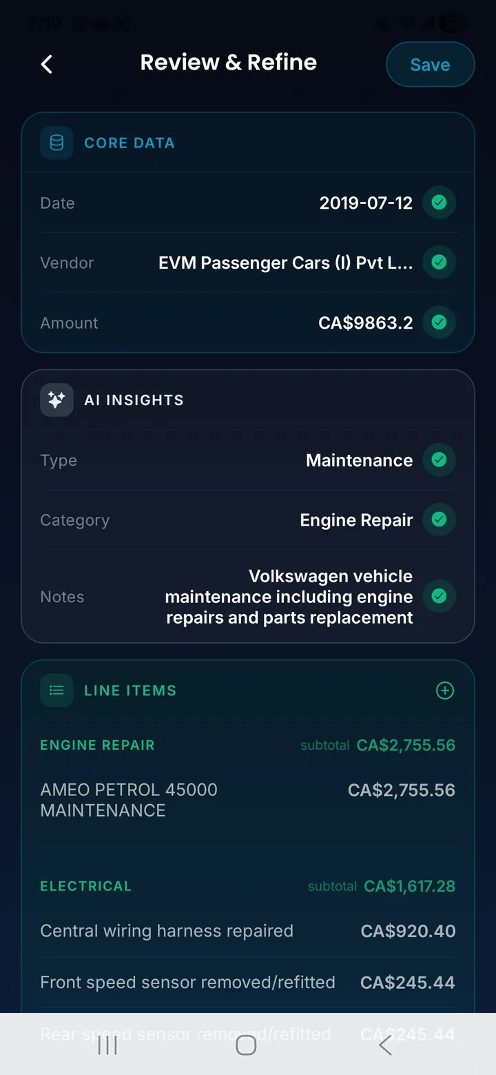 CarFai Review & Refine screen showing date, vendor and amount auto-extracted from a maintenance receipt, plus AI-inferred type, category, and line items.